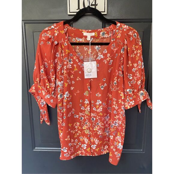 Lc Lauren Conrad NWT V-Neck Button-Front Floral Blouse, Sz Medium, MSRP $44 - Picture 1 of 9